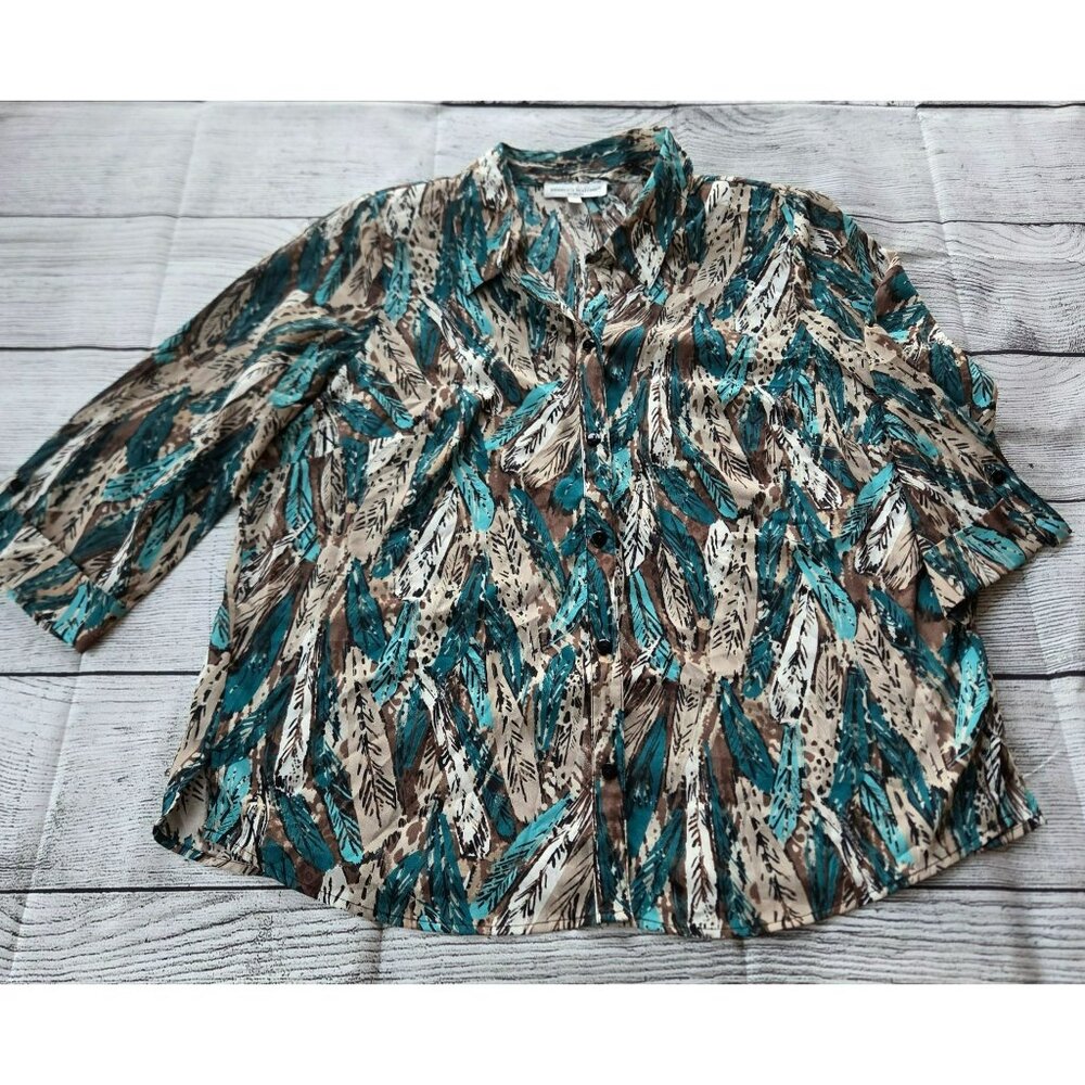 Rebecca Malone Woman 2x Blue/Tan/Black Top/Shirt/Blouse Plus Size